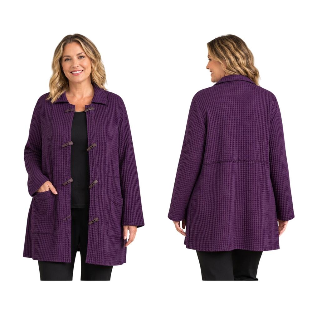 Focus Casual Life Purple Waffle Knit Toggle Jacket, Boutique Lagenlook, Women XL